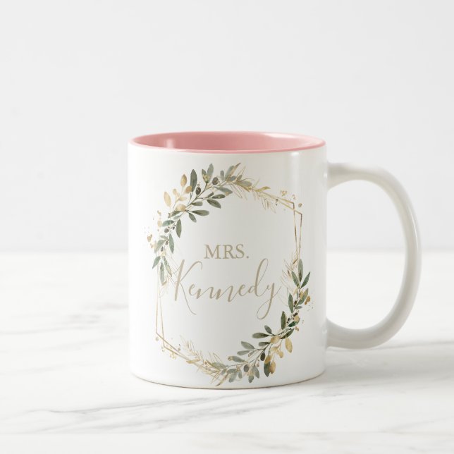 Taza Bicolor Geometric Gold Greenery Fall Mrs Newlyw Bride (Derecha)