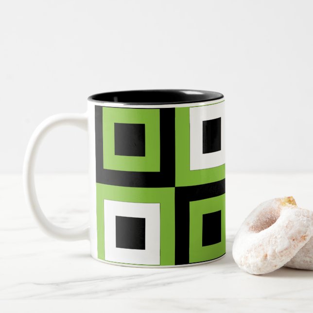 Taza Bicolor Geométrico de cuadrados negros verdes (Con donut)