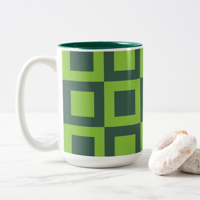 Taza Bicolor Geométrico de cuadrados verdes (Con donut)