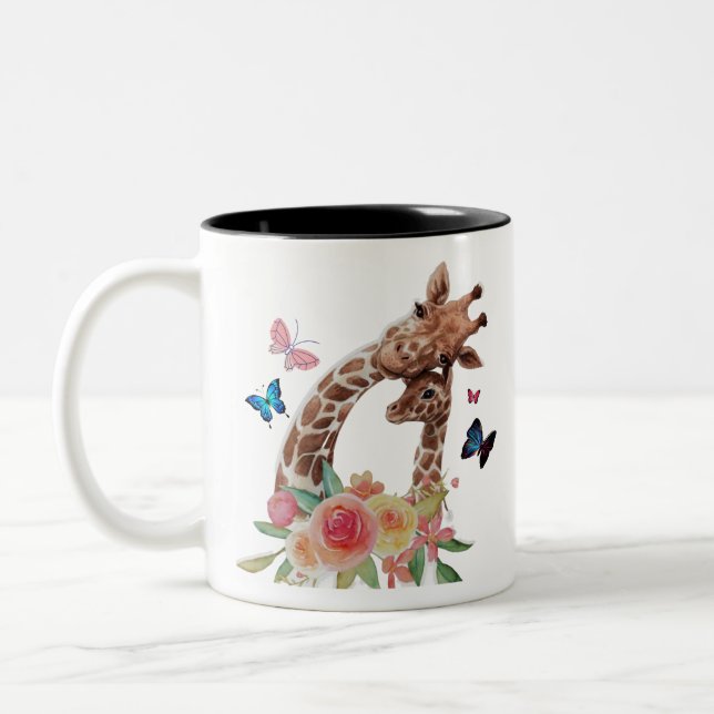 Taza Bicolor Girafa de bebé y Mamá con mariposas (Izquierda)