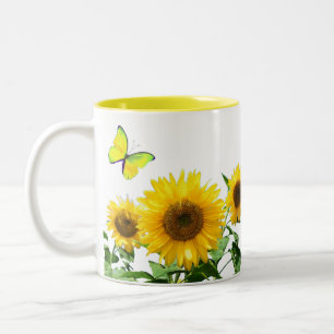Taza Bicolor Girasoles Amarillos Soleados y Mariposa