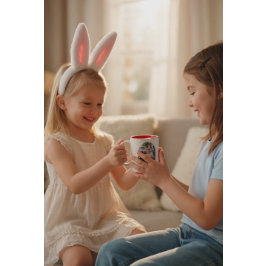 Taza Bicolor Girl Photo Hunting Eggs with Rabbit Ears