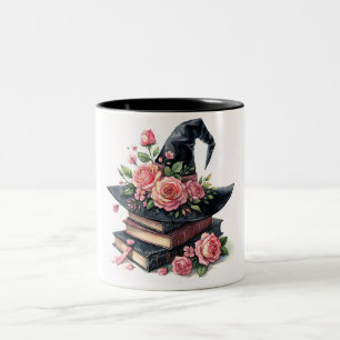 Taza Bicolor Gorra De Brujas Bookstack Con Rosas Rosa