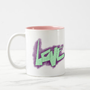 Taza Bicolor graffiti de amor morado verde menta tipografía pun