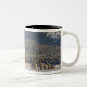 Taza Bicolor Granero rústico y pacas de heno después de una nie