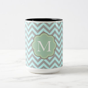 Taza Bicolor Gray Aqua Chevron Stripes Monograma