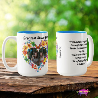 Taza Bicolor Greatest Sister Ever Photo Floral Heart  with Poem