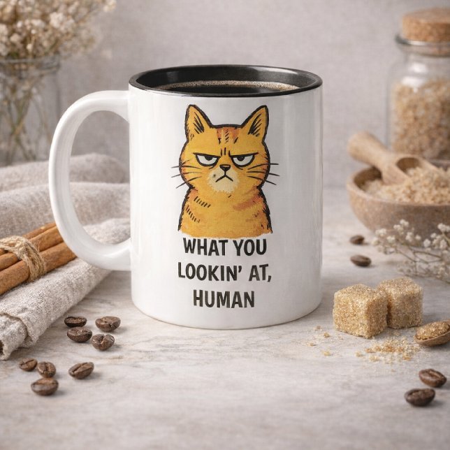 Taza Bicolor Grumpy Cat –“¿Qué estás mirando, humano?” Divertid (Subido por el creador)