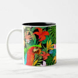 Taza Bicolor Guacamayo, flores multicolores y hojas de palma 