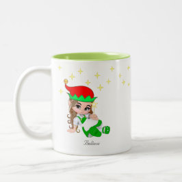 Taza Bicolor Hada de Navidad vestida de verde y estrellas