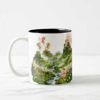 Taza Bicolor Hadas Mágicas & Colinas Verdes Fantasía Acuarela
