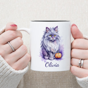 Taza Bicolor Halloween acuarela angora gato con calabaza