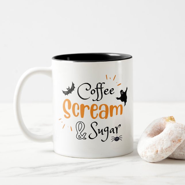 Taza Bicolor Halloween con crema de café y azúcar (Con donut)