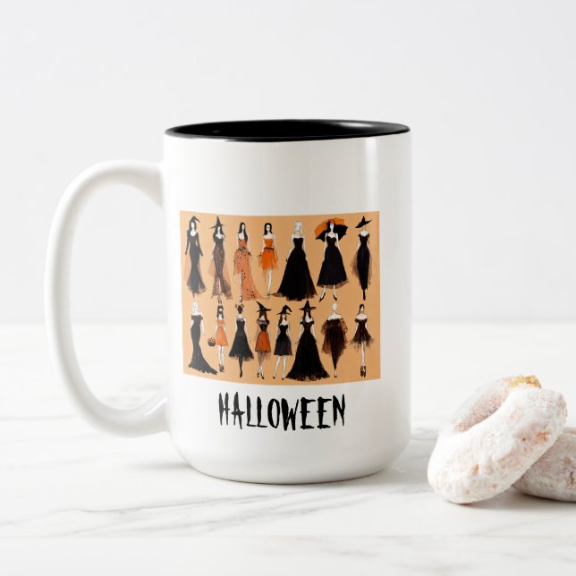 Taza Bicolor Halloween Moda Estilo Vestidos Ilustracion Mug (Con donut)