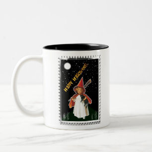 Taza Bicolor Halloween - Niña con Escoba y Gato Negro