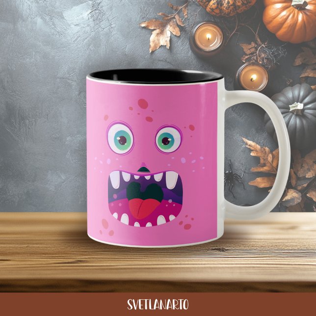 Taza Bicolor Halloween Pink Happy Monster Coffee Mug (Frontal view)