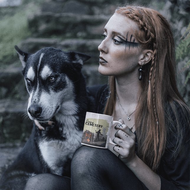 Taza Bicolor Halloween Stamp Collection "Creepy Cemetery" (Halloween stamp collection - Creepy Cemetery Mug)