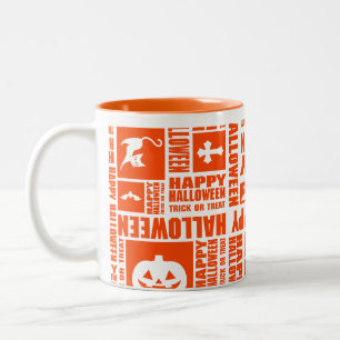 Taza Bicolor Halloween Whimsical Guay Typography Pattern Naranj