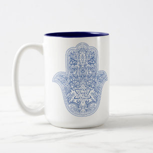 Taza Bicolor Hamsa Coffee Mug - Azul y Blanco - Regalos Judaico