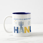 Taza Bicolor HANUKKAH Menorah Dreidel Coffee Mug<br><div class="desc">Nuestra taza de saludo de Hanukkah con un dreidel, menorah, jelly donut, y estrellas judías de David es una manera hermosa y divertida de desear a la familia y amigos un Hanukkah feliz con estilo. Personalice con su saludo personalizado para que sea realmente de un tipo. Consultas: envíenos un mensaje...</div>