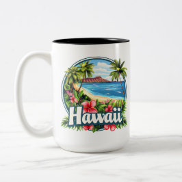 Taza Bicolor Hawaii Beach Tropical Flowers Mountains Travel Art