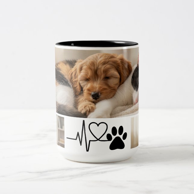 Taza Bicolor Heartbeat Paw Print Pet Photo Mug (Centro)