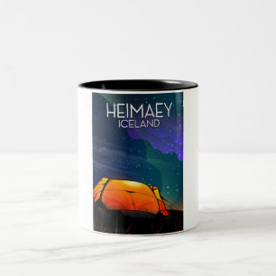 Taza Bicolor Heimaey, Islandia, cartel de vacaciones de camping