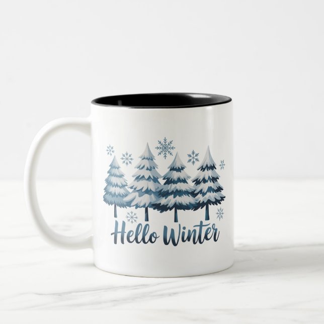 Taza Bicolor Hello Winter Season Vibes Trees Snowflakes Xmas (Izquierda)