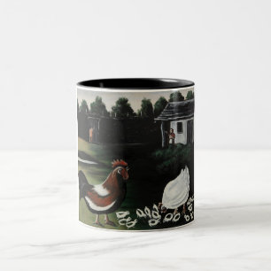 Taza Bicolor Hen con sus garzas en un paisaje rural de huertos