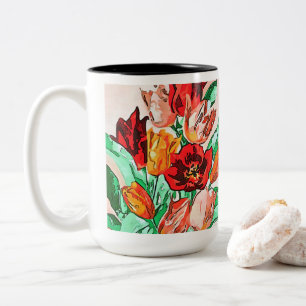 Taza Bicolor Hermoso Bouquet Floral Tulipanes Arte Contorno Neg
