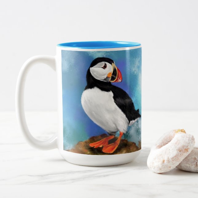 Taza Bicolor Hermoso café de pájaro de Puffin Atlántico (Con donut)