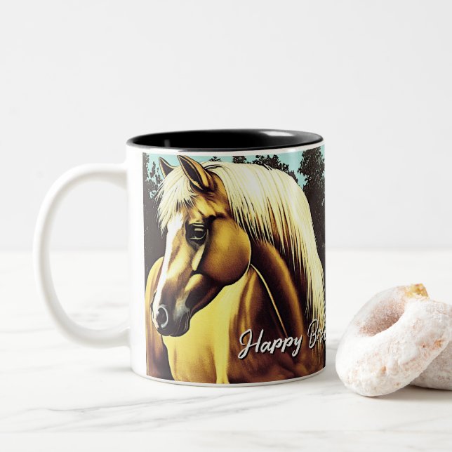 Taza Bicolor Hermoso cumpleaños del caballo de Palomino (Con donut)