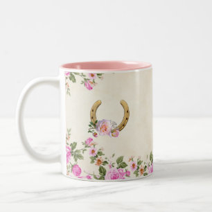 Taza Bicolor Herradura con Flores sobre Beige