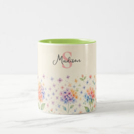 Taza Bicolor Hidrangeas de acuarela en la flor pastel