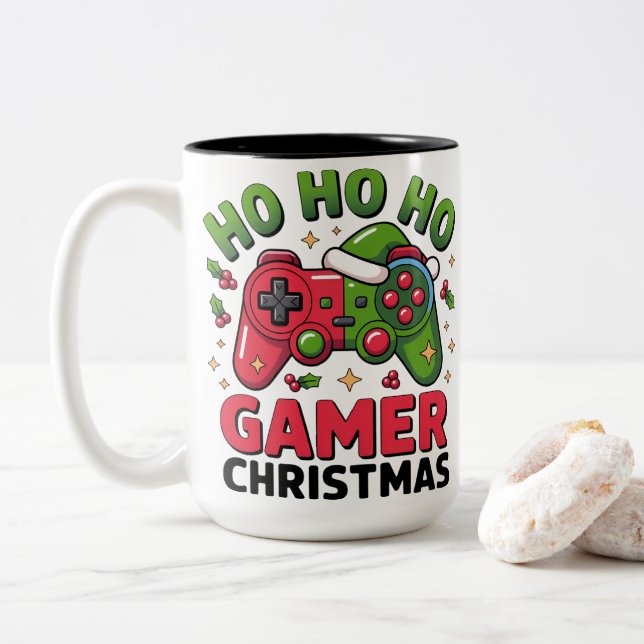 Taza Bicolor Ho Ho Ho Gamer Christmas Controller Illustration (Con donut)