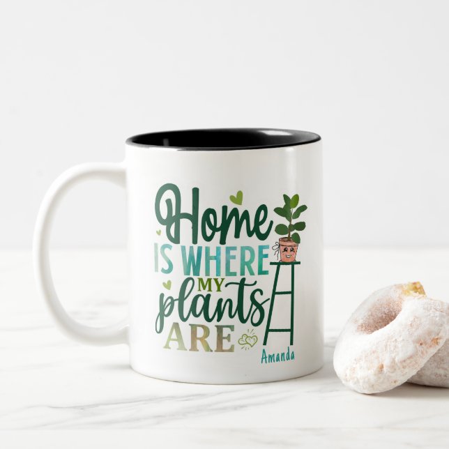 Taza Bicolor Hogar Es Donde Mis Plantas Están PERSONALIZADAS (Con donut)