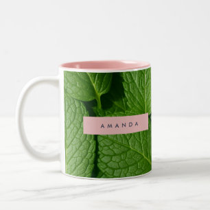 Taza Bicolor Hoja de menta fresca verde vibrante personalizada