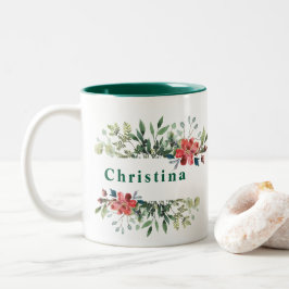 Taza Bicolor Hojas verdes de invierno de moda con flores rojas