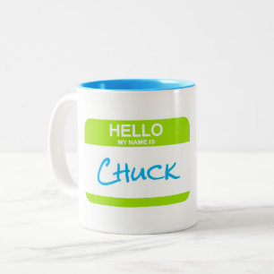 Taza Bicolor Hola Mi Nombre Es CHUCK Nametag Oficina Azul Verde