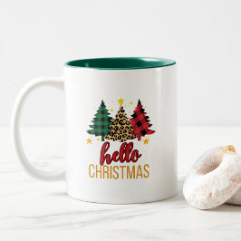Taza Bicolor Hola Navidades con árboles de yeso de café