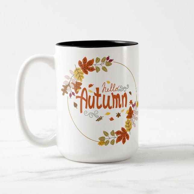 Taza Bicolor Hola otoño con diseño de hojas (Izquierda)