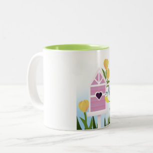 Taza Bicolor Hola primavera - Pastel Aves y Tulipanes Amarillos