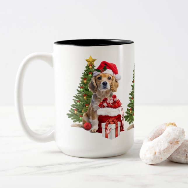 Taza Bicolor Holiday Christmas Dog with Santa Hat   (Con donut)