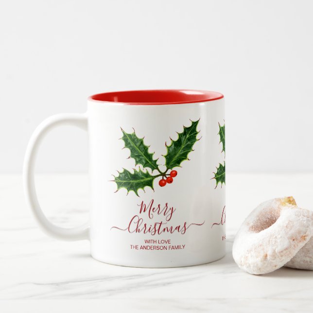 Taza Bicolor Holly and Berries Merry Christmas & Family Name (Con donut)