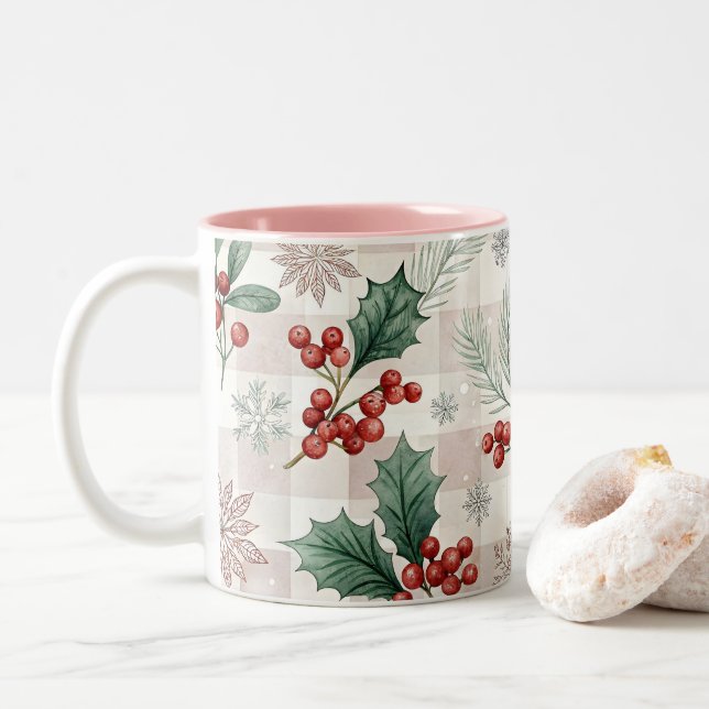Taza Bicolor Holly Christmas Snow Watercolor (Con donut)
