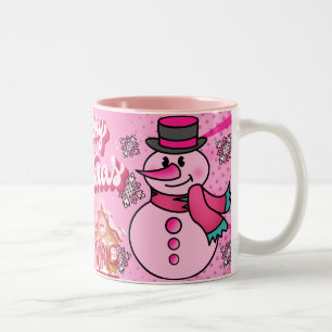Taza Bicolor hombre de nieve rosa, feliz navidad
