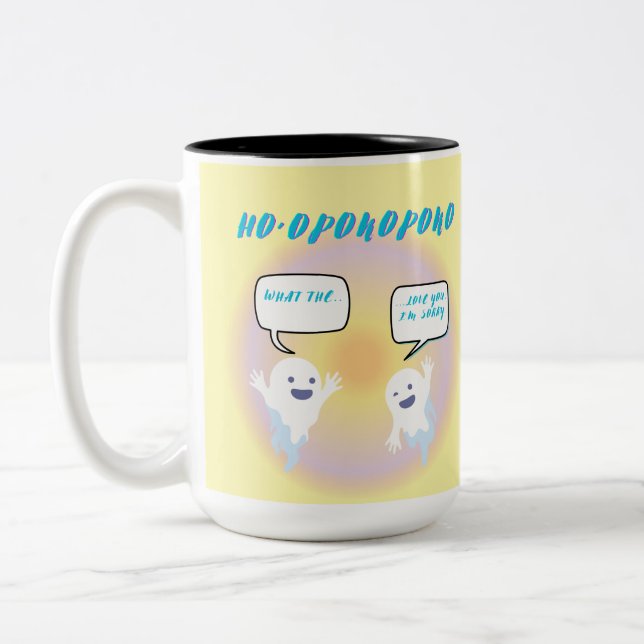 Taza Bicolor Ho'oponopono Ghosts Healing & Funny (Izquierda)