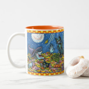 TAZA BICOLOR HUELLAS DE RAKING DE GATOS BLANCOS Y NEGROS, FUNNY