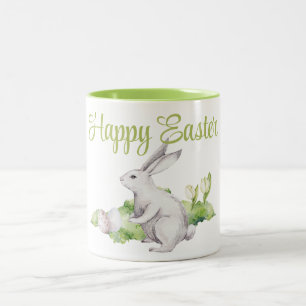 Taza Bicolor Huevos de Pascua & Conejo Blanco Acuarela Feliz Pa
