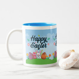 Taza Bicolor Huevos Felices de Pascua Conejo y Flores